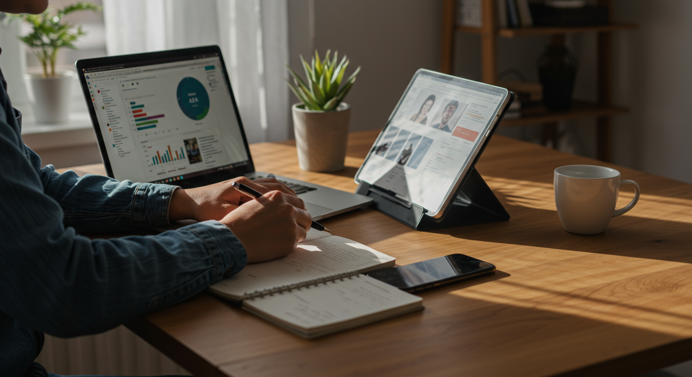 A person managing social media tasks on a laptop and tablet in a modern home office, with a focus on time management and productivity. The scene includes a planner, Pomodoro timer, and a phone on silent, with natural lighting and a clean aesthetic.