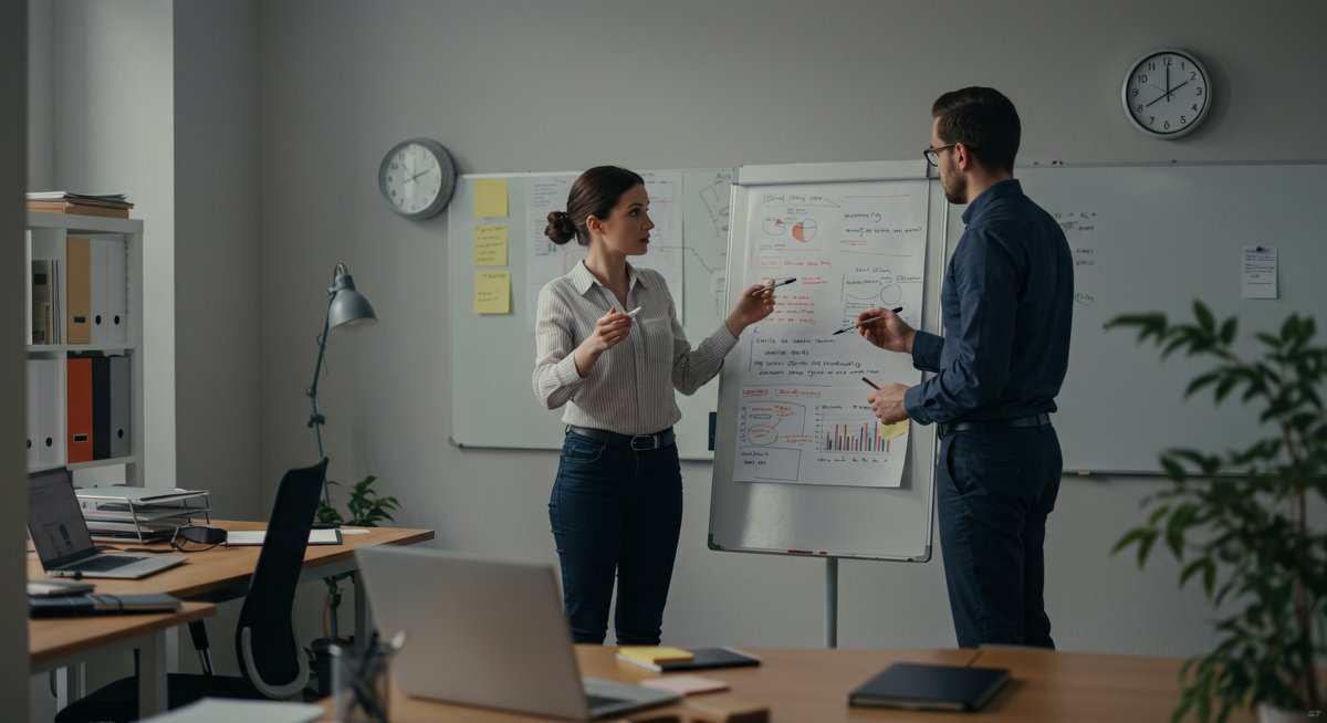 Professional delegation teamwork with whiteboard and project management tools in modern office environment