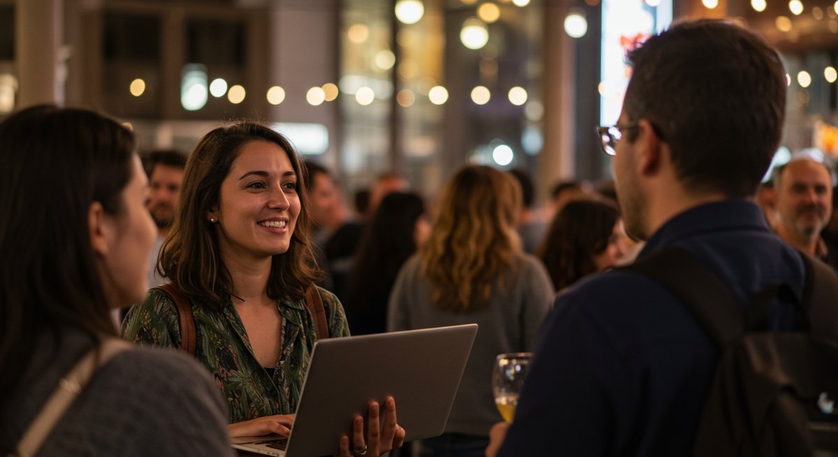 Digital nomad woman networking at an event to build connections and combat loneliness