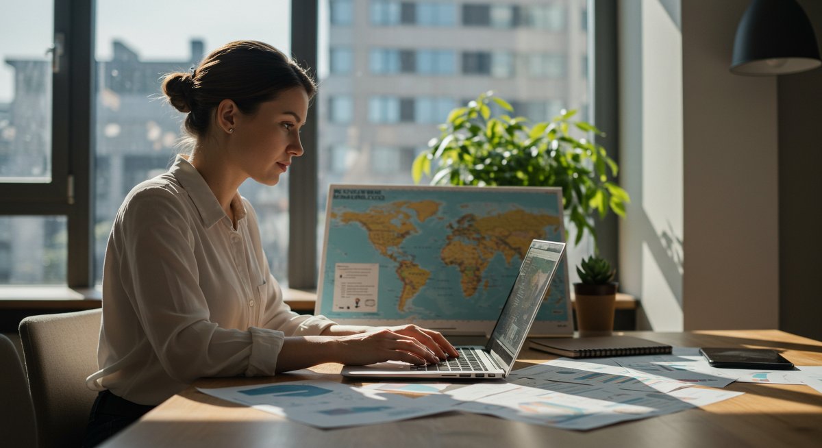 Digital nomad researching affordable healthcare abroad with world map and insurance documents in modern workspace