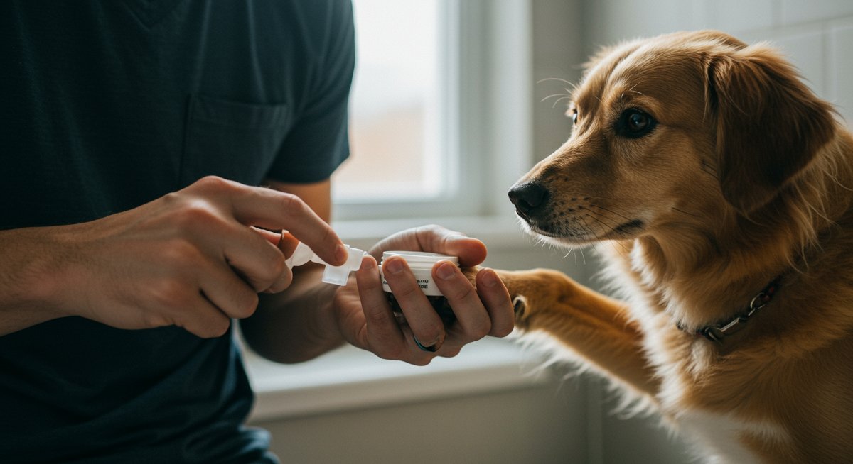 Experienced pet parent applying paw balm to dog's paws for healthy paw care