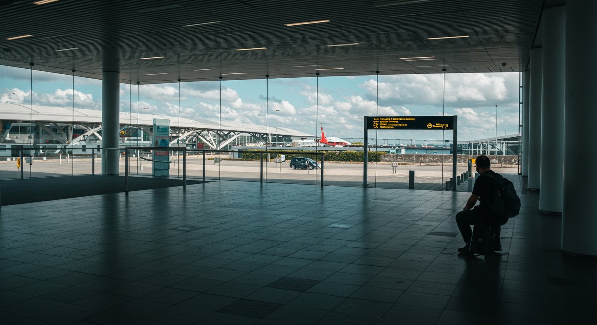 Lost luggage Europe recovery guide - professional illustration showing traveler checking phone with suitcase nearby in airport terminal