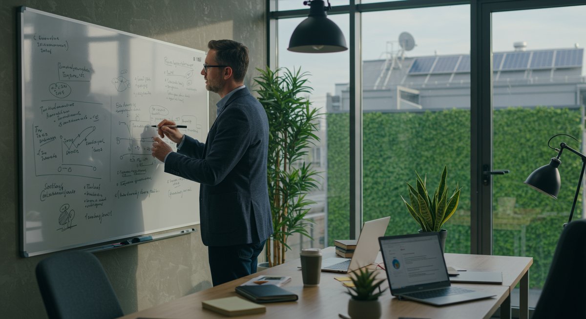 Professional problem-solving in a sustainable workplace: mid-career man at desk with whiteboard, reusable mug, and greenery, emphasizing eco-friendly career growth