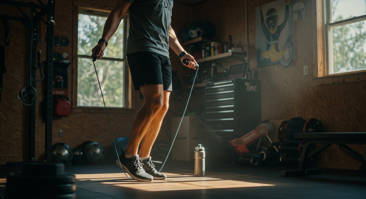 Beginner-friendly jump rope workout in modern garage gym with dynamic motion capture