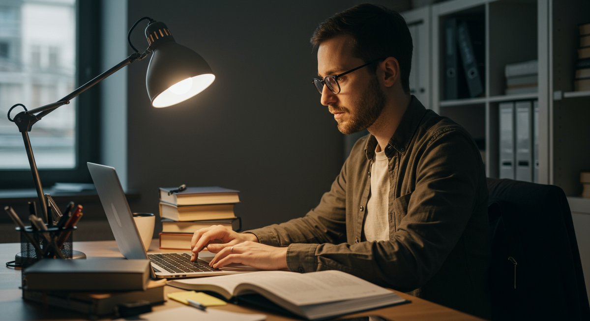 Adult learner using laptop and books for effective study techniques in modern office environment