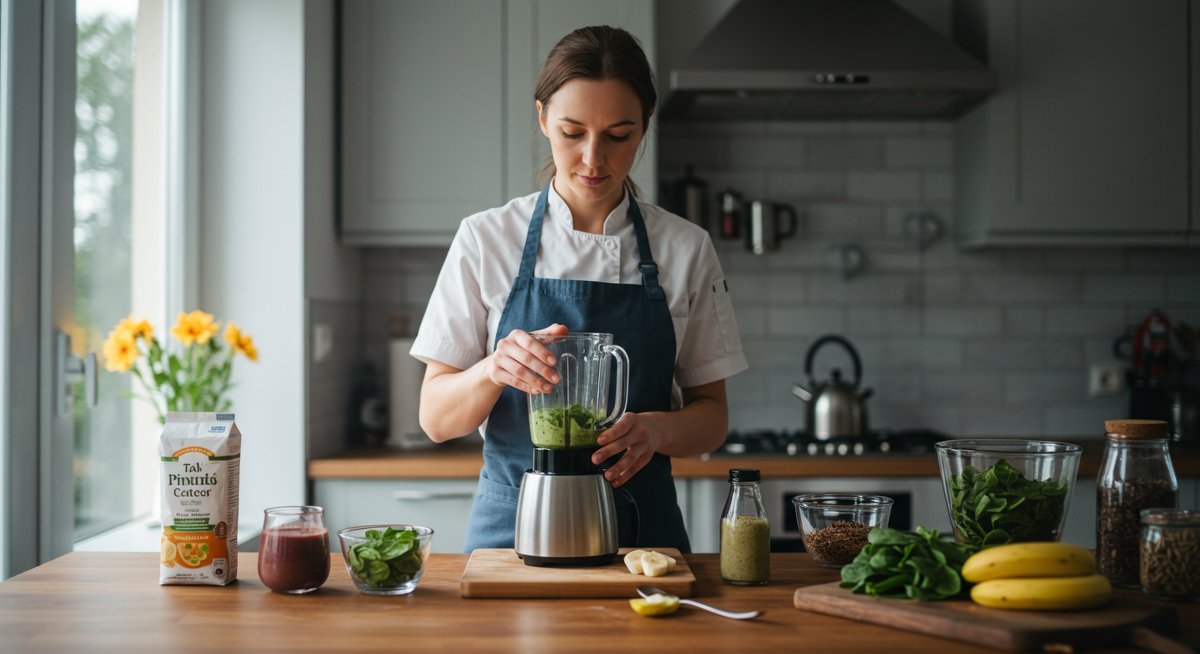 High-protein breakfast smoothie preparation with fresh ingredients in a modern kitchen