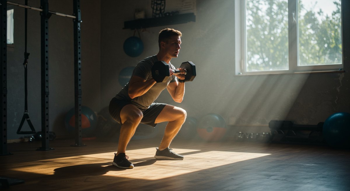 Person doing squats with dumbbells in home gym with natural lighting