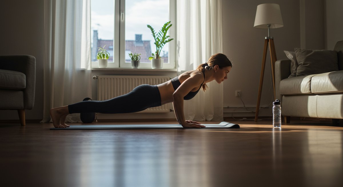 Student-friendly home workout showing effective bodyweight exercises in small space with modern apartment setting