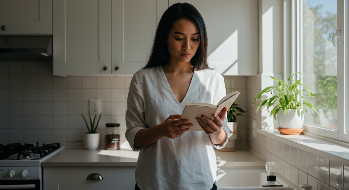 Confident woman practicing minimalist self-care in modern kitchen with plant and diffuser