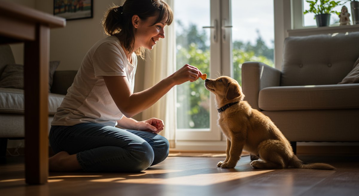 New puppy owner and dog engaged in positive training session with treat rewards in a cozy living room environment