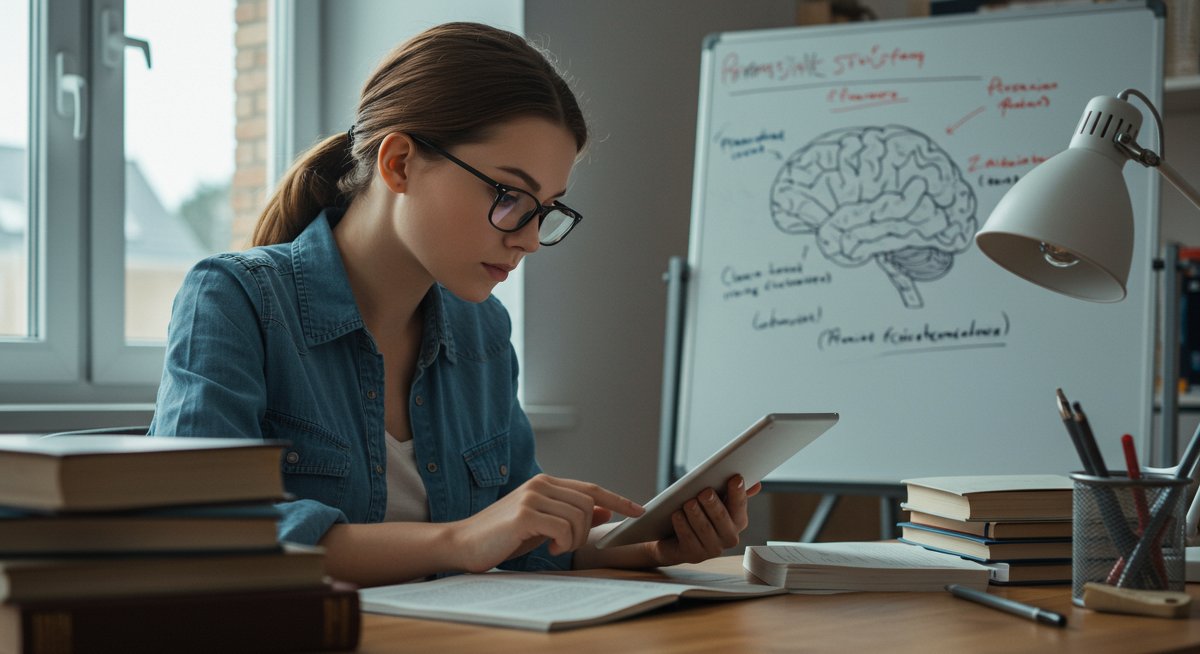 Student using digital tools for memory enhancement with neuroscience visuals in a modern study environment
