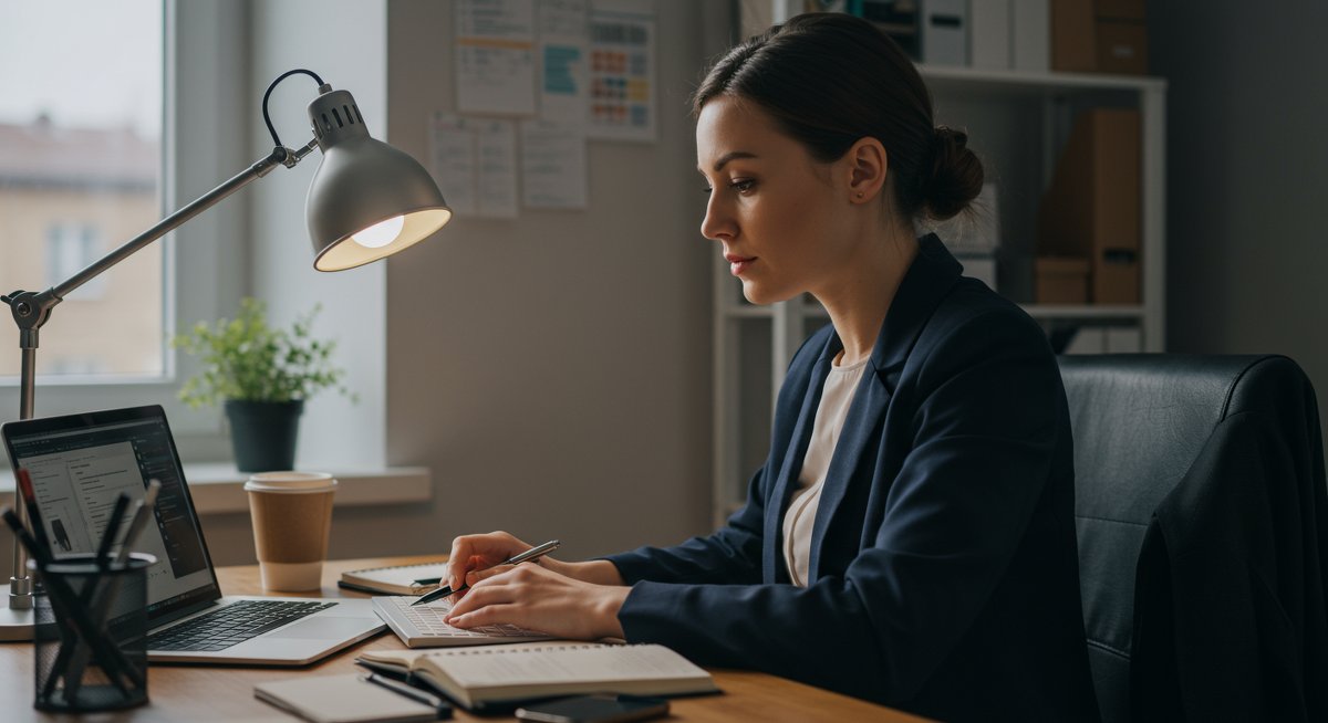 Confident woman using Pomodoro timer in modern home office, showcasing focus and productivity strategies for improving concentration and memory