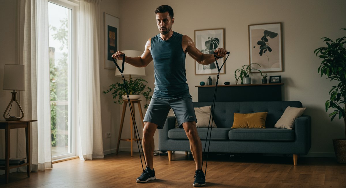Intermediate fitness enthusiast doing metabolism-boosting home workout with resistance bands in modern living room