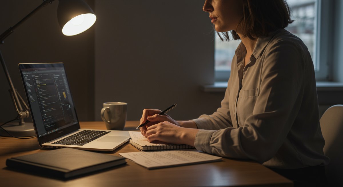 Adult learner using focus techniques with Pomodoro timer in modern study setup