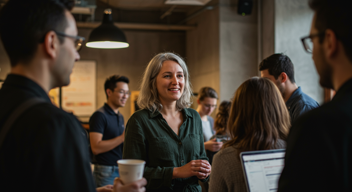 Digital nomad woman networking in a co-working space, emphasizing community and connection.