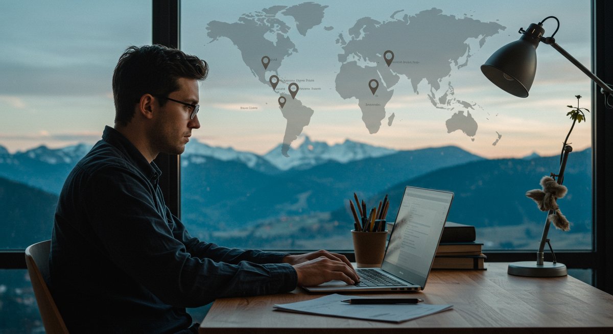 Digital nomad focusing on tax planning at a mountain workspace with global tax haven map in background