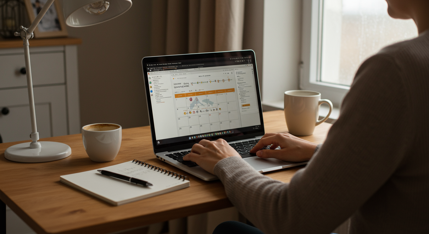 A person working at a desk with a laptop and coffee, with a digital calendar visible, representing time management strategies for peak performance.
