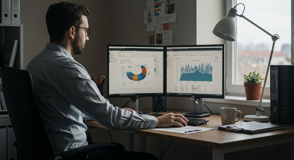 Professional budgeting illustration showing 50/30/20 rule implementation with organized financial documents and modern tech setup