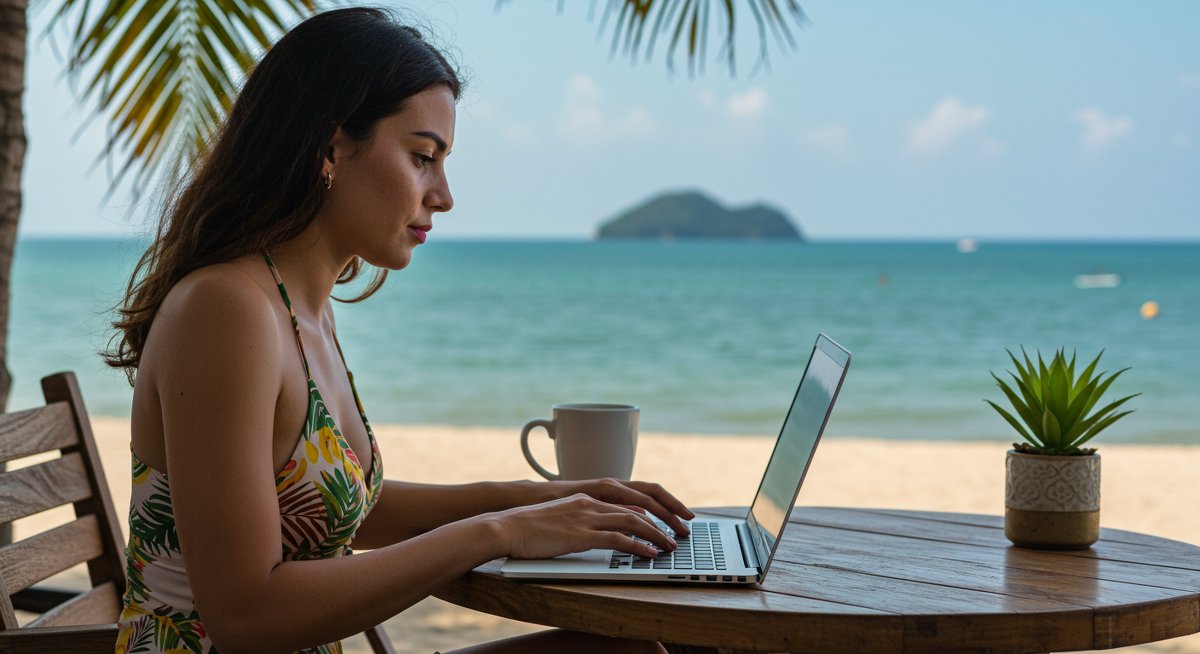 Female digital nomad working productively on her laptop in a beachside cafe with a focus on efficient remote work habits and workflow strategies