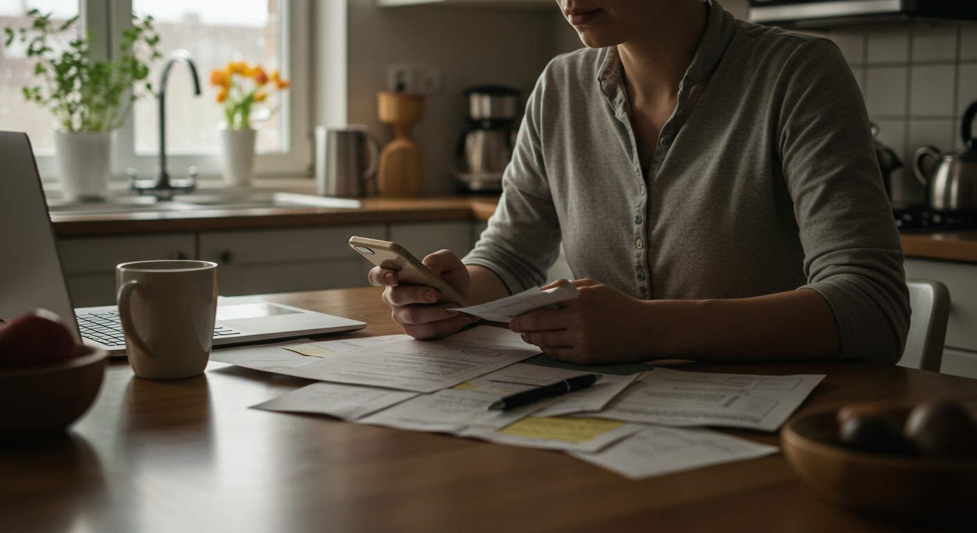 A single parent budgeting on a low income, reviewing bills and using a budgeting app on their phone at a kitchen counter, demonstrating effective financial planning with a determined and focused expression.