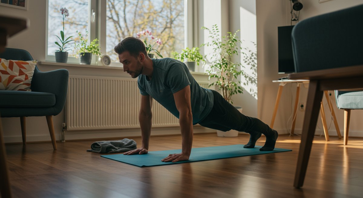 Intermediate core workout: Man doing planks at home with yoga mat and essentials