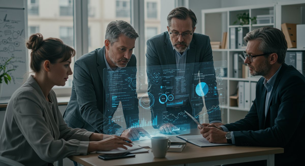 Diverse group of professionals collaborating on a holographic display, representing future-proof job search skills and adaptability.