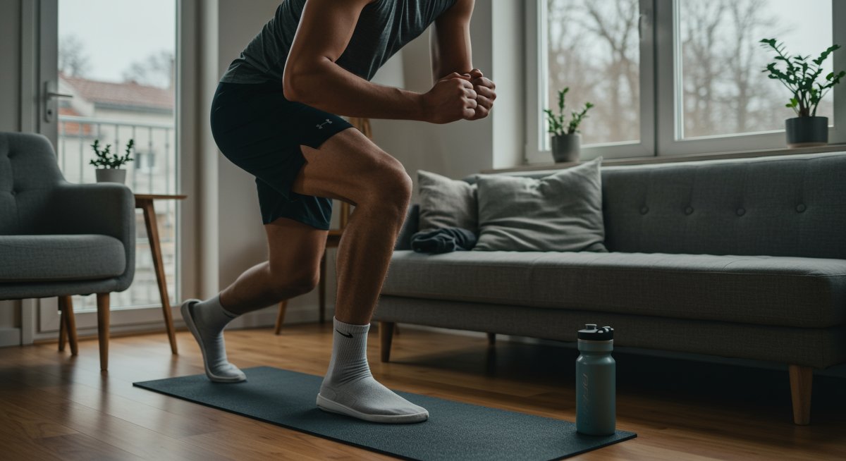 Intermediate male fitness enthusiast doing high knees workout at home with natural lighting and motivational fitness gear