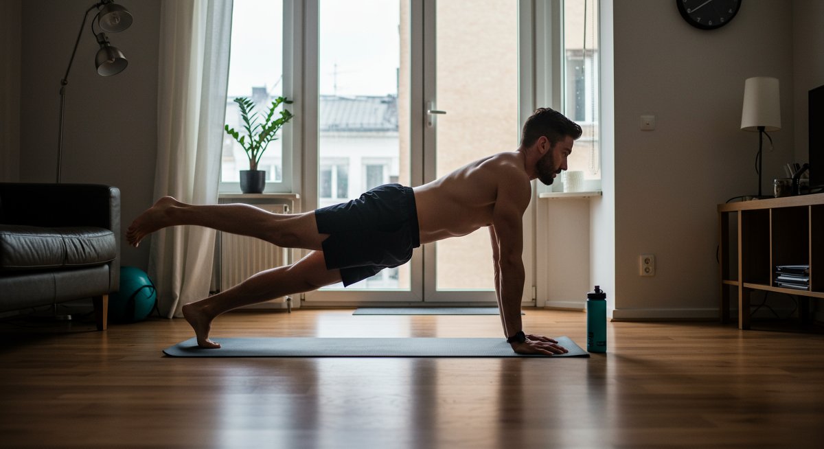 Student-friendly bodyweight workout in small apartment with dynamic movement and modern home fitness setup