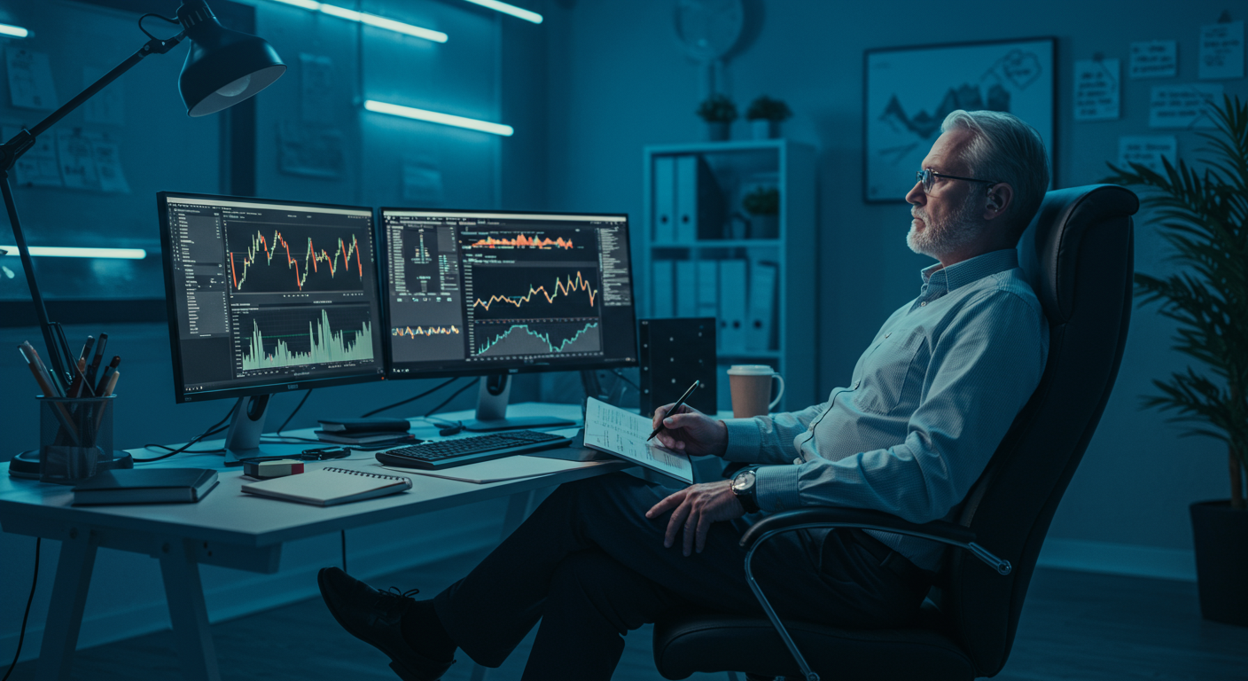 Experienced crypto trader analyzing charts on a dual monitor setup in a modern office, focused on resolving a stuck crypto swap issue. The image conveys a sense of calm expertise, appropriate for a troubleshooting guide.