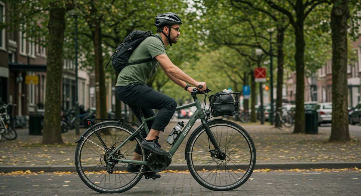 Eco-friendly urban commuting with electric bike and reusable water bottle in sustainable city environment