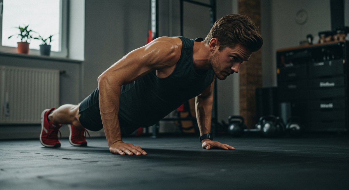 Athlete doing push-ups in home gym with intense expression and natural lighting