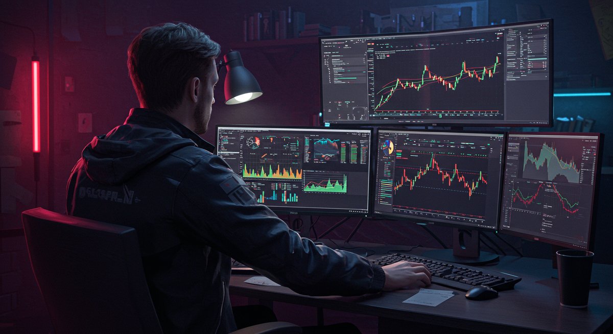 Bitcoin trading strategy analysis with global market charts and crypto lair setup