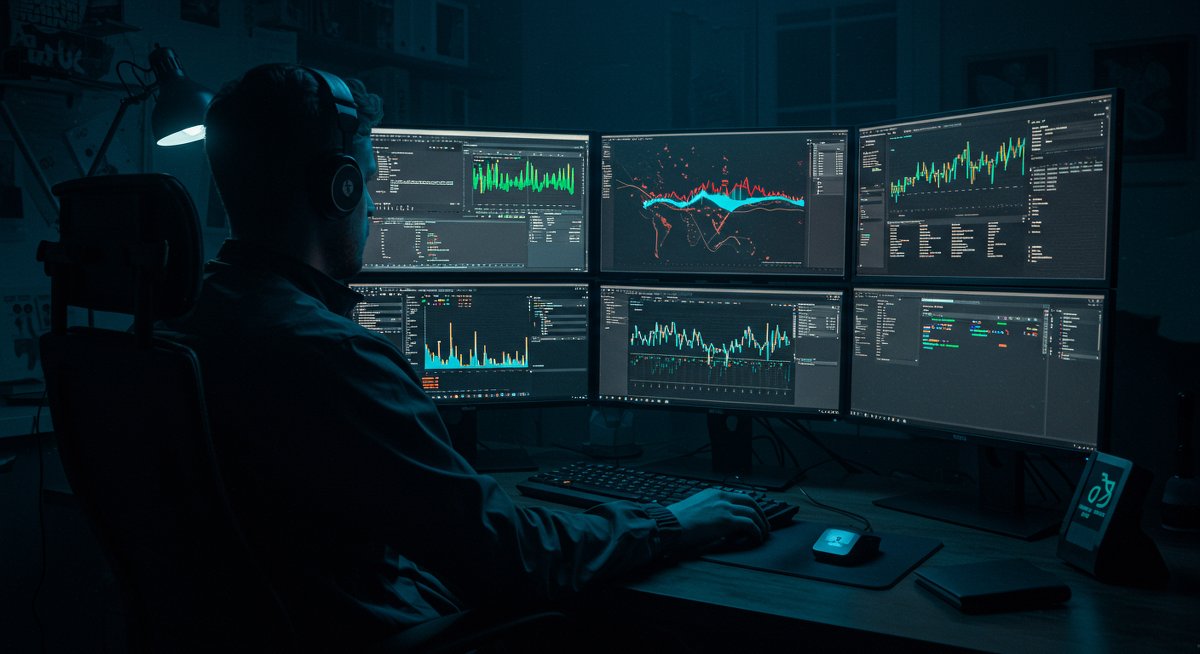 Crypto trader analyzing global tax implications for Plath's Demon NFTs in a tech-filled workspace