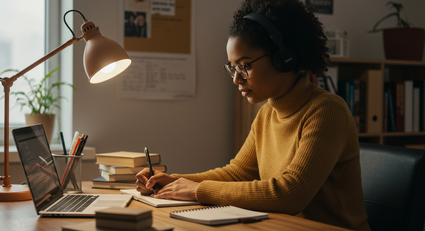 An adult learner working from home, engaged in skill development on a laptop with a notebook and pen, emphasizing focus and progress.