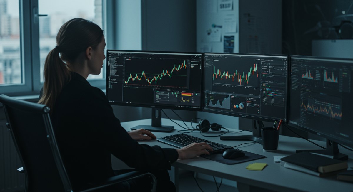 Experienced female crypto trader analyzing low-fee swap options in modern office environment