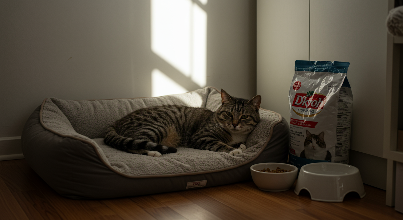 A relaxed cat resting comfortably on a bed, showcasing a peaceful home environment. Focus on a healthy cat and clean environment. Warm color palette.