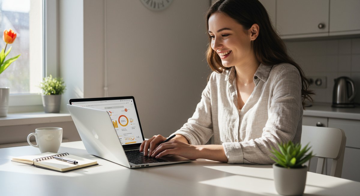 Woman budgeting on laptop at kitchen table, financial freedom for beginners