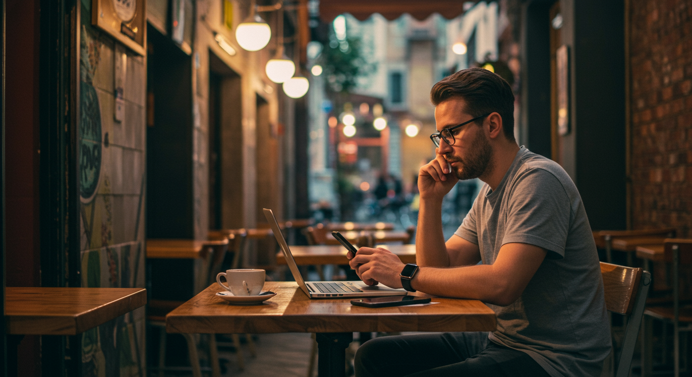 A male digital nomad troubleshooting his internet connection in a cafe. The image emphasizes his dedication and the challenges of staying connected while working remotely.