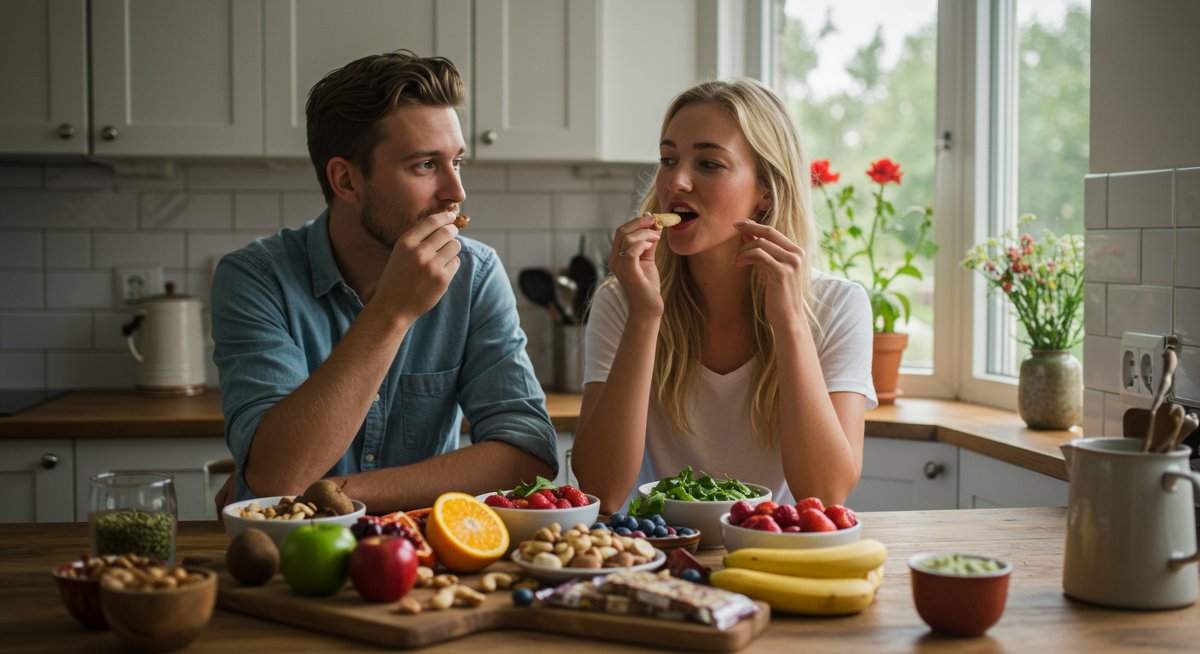 Healthy snack platter with fresh fruits, nuts, and energy bars on wooden table in sunny kitchen