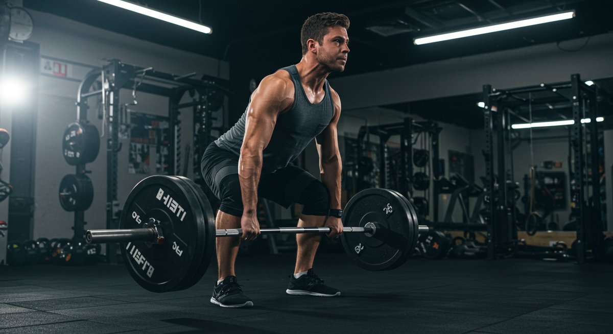 Person doing deadlifts in gym with dramatic lighting