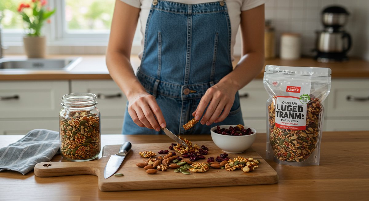 Vegan snack preparation with trail mix ingredients in a clean kitchen setting