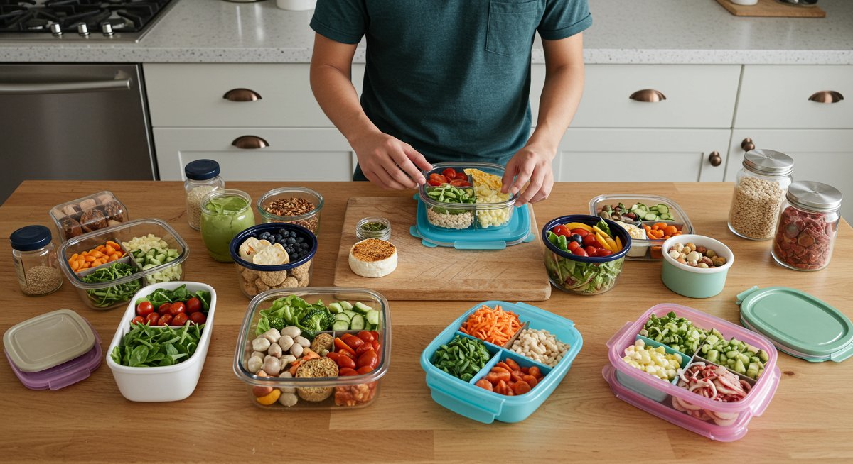 Professional clean kitchen setup showing organized healthy meal prep containers with fresh ingredients, emphasizing modern healthy lunch preparation for intermediate chefs