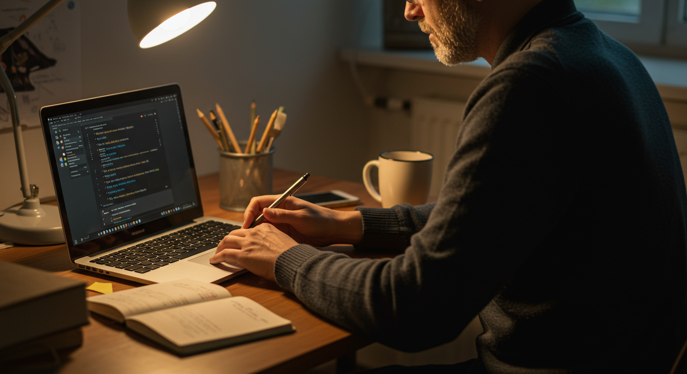 A determined adult learner focused on breaking through a learning plateau while studying at home.