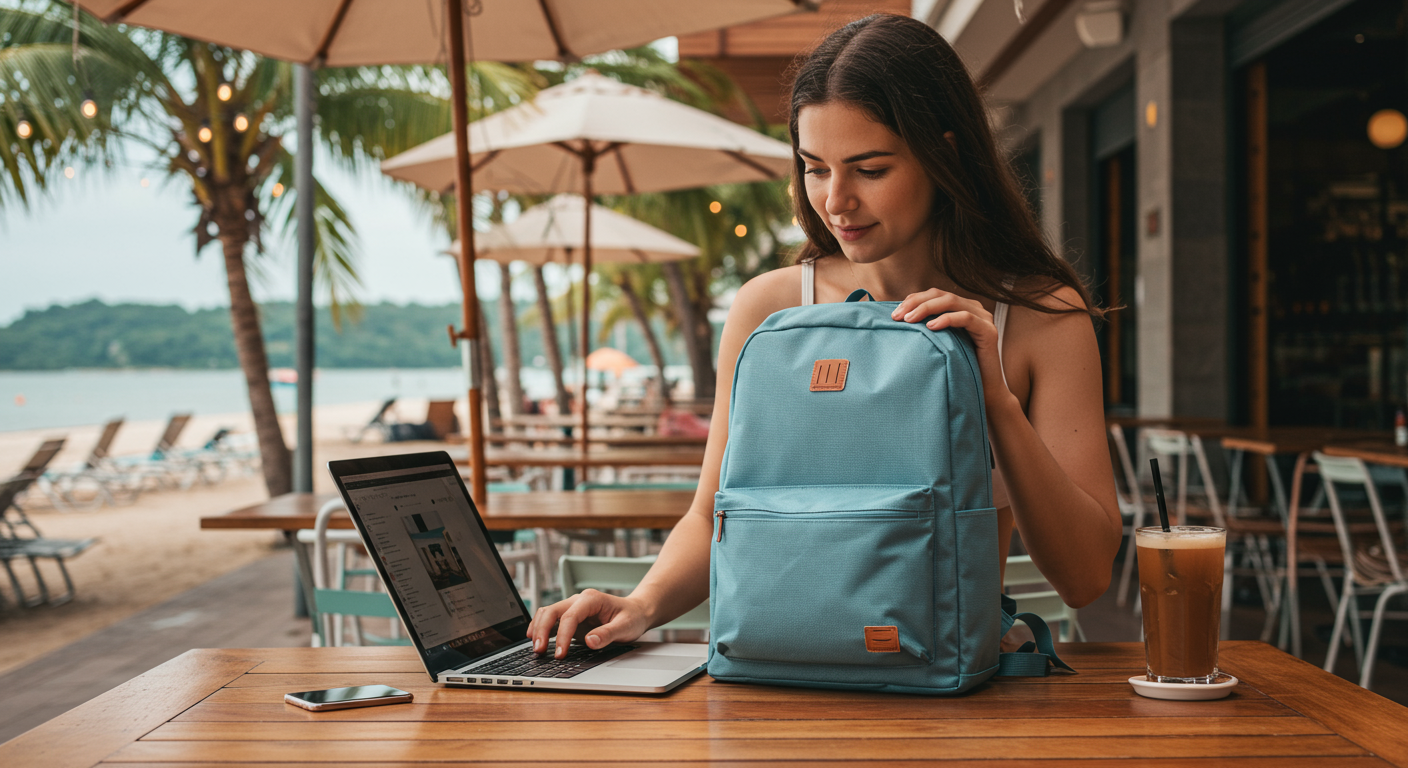 Digital nomad packing tech essentials in a minimalist backpack for remote work, emphasizing organization and efficiency.