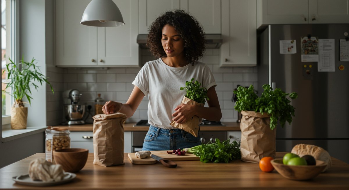 Sustainable eating: Zero-waste grocery planning with reusable bags and bulk food containers in modern kitchen