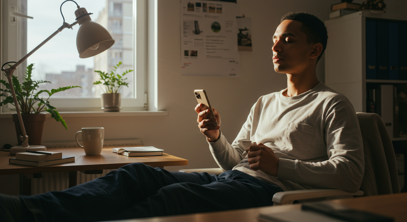 A person taking a mindful break in a home office, using a meditation app on their phone to reduce stress and improve focus. The image highlights the importance of short breaks for productivity.