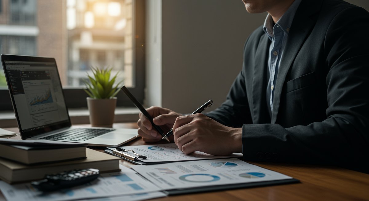 Professional digital nomad investor analyzing EUR P2P lending strategies with financial charts and regulatory documents