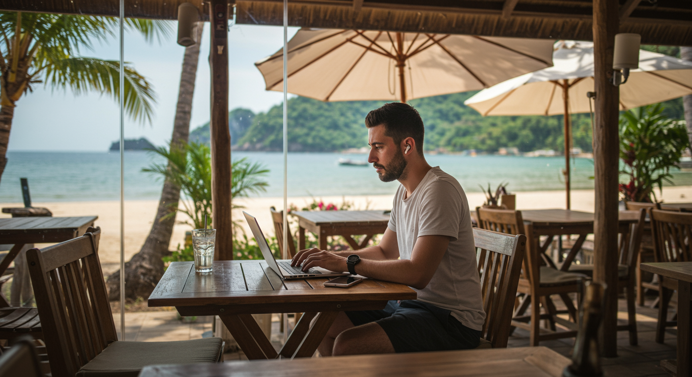 A male digital nomad working remotely from a beachside cafe, focusing on internet connectivity, in a tropical setting. The image emphasizes freedom, flexibility, and reliable internet access.