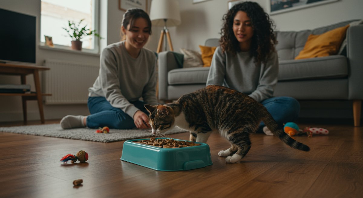 Indoor cat enrichment activity showing a cat playing with a puzzle feeder while a woman watches attentively in a modern living room