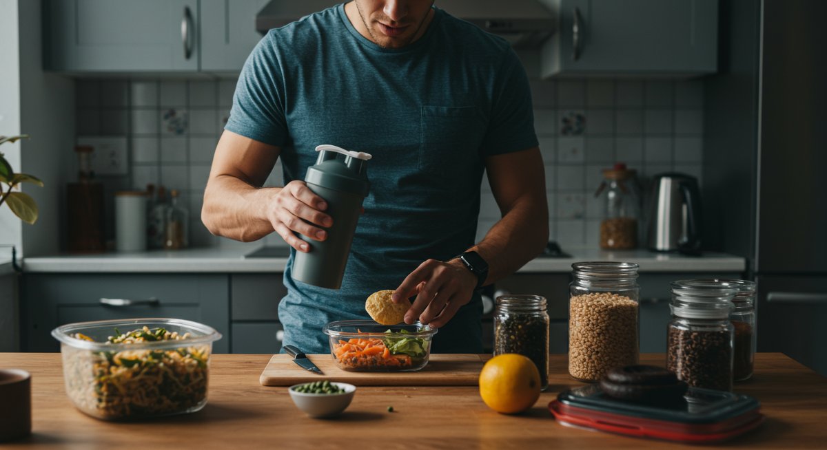 Vegan athlete preparing nutrient-rich meal for peak performance with plant-based protein sources and healthy ingredients